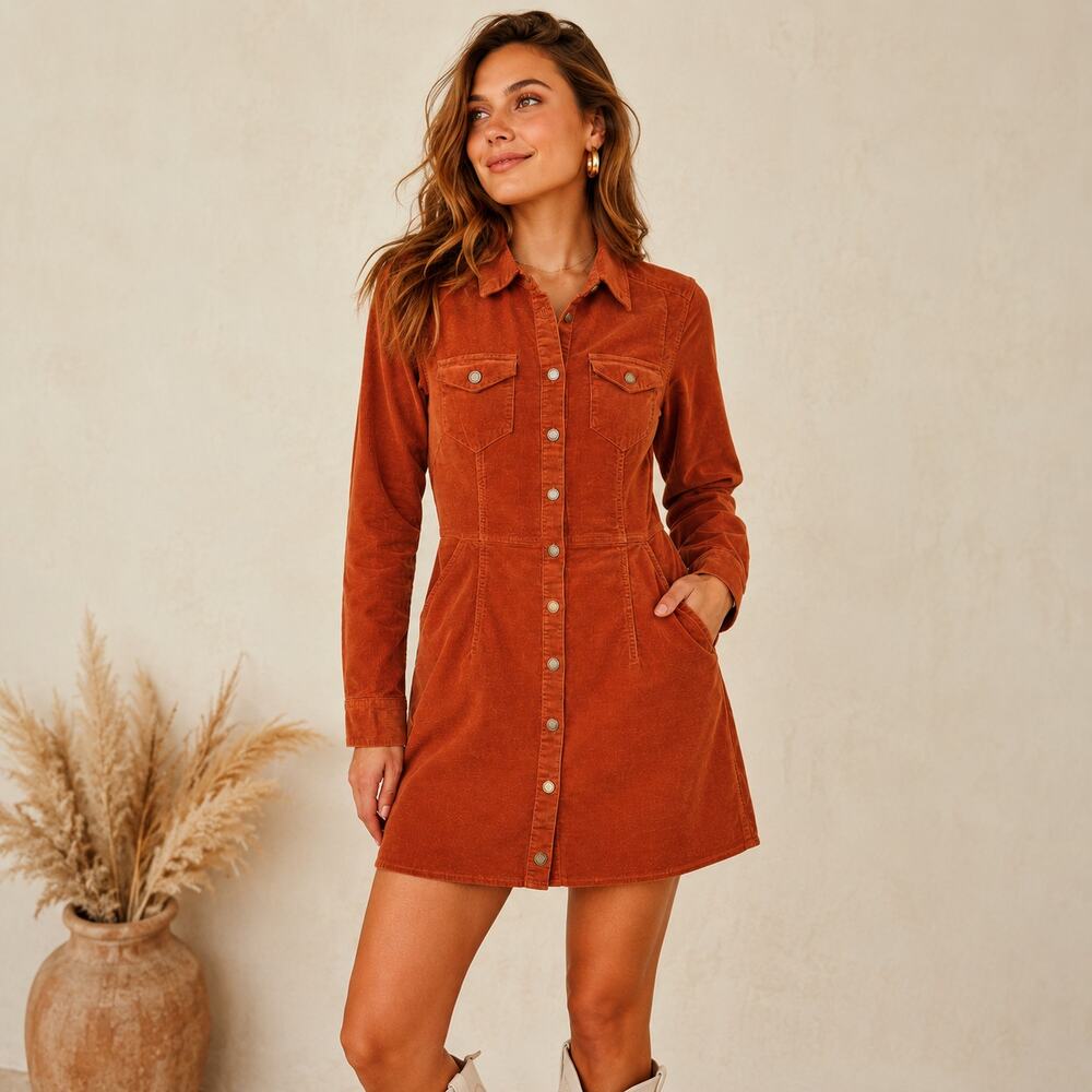 Free People SZ S Dynomite In Cord Mini Dress In Burnt Orange $128